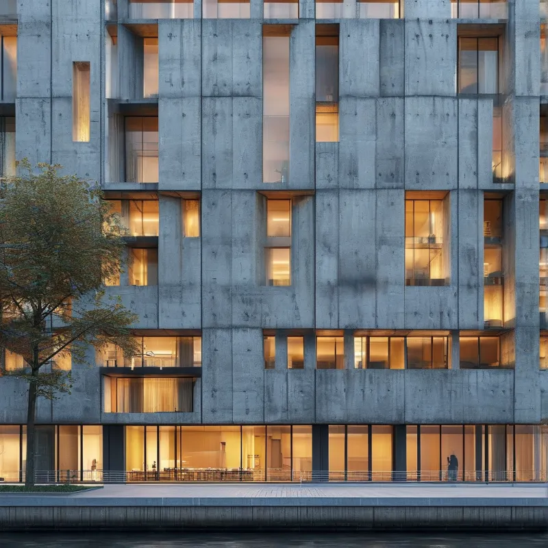 Raw concrete surfaces and glowing rectangular windows on a multi-story structure near a waterway at dusk.