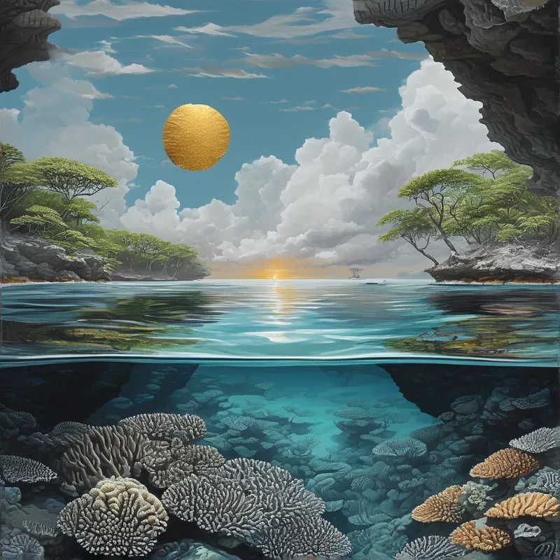 Split view shows coral reefs underwater with rocky shores and a bright golden sun above.