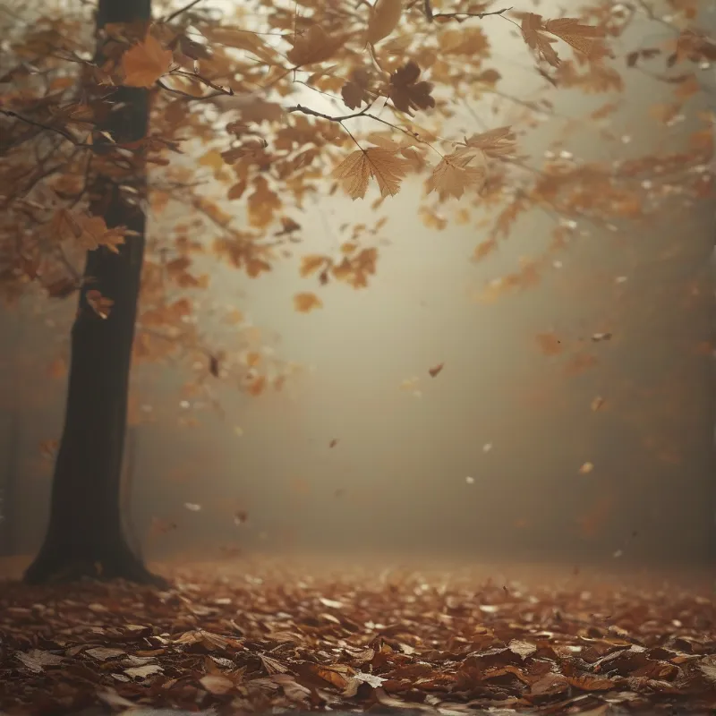 Dark tree trunk frames the left as golden leaves float down into a bed of fallen foliage under a hazy sky.