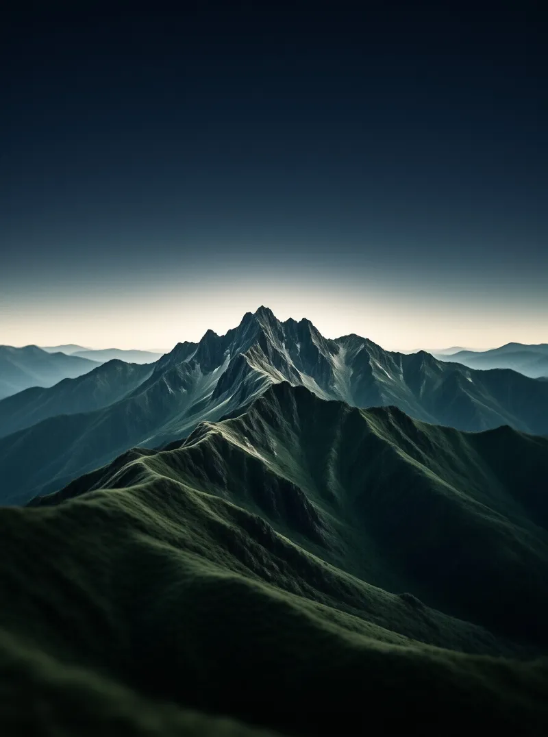 A dark green mountain range with a jagged central peak against a pale glow on the horizon under a teal sky.