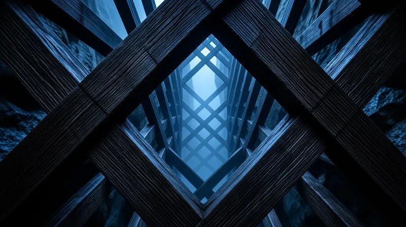 A dark geometric wooden grid creates a diamond shape while looking upward toward a bright blue center.