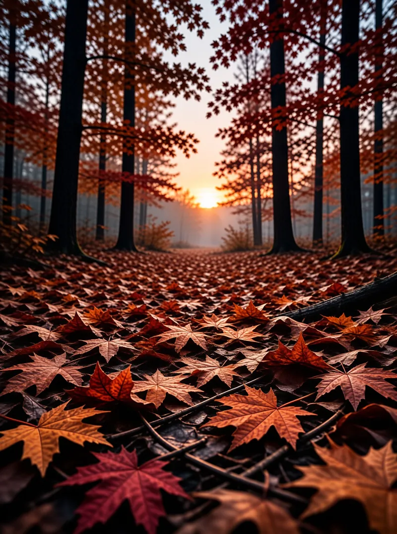 Fallen autumn leaves cover a misty forest path while sunlight streams through tall trees in the distance.
