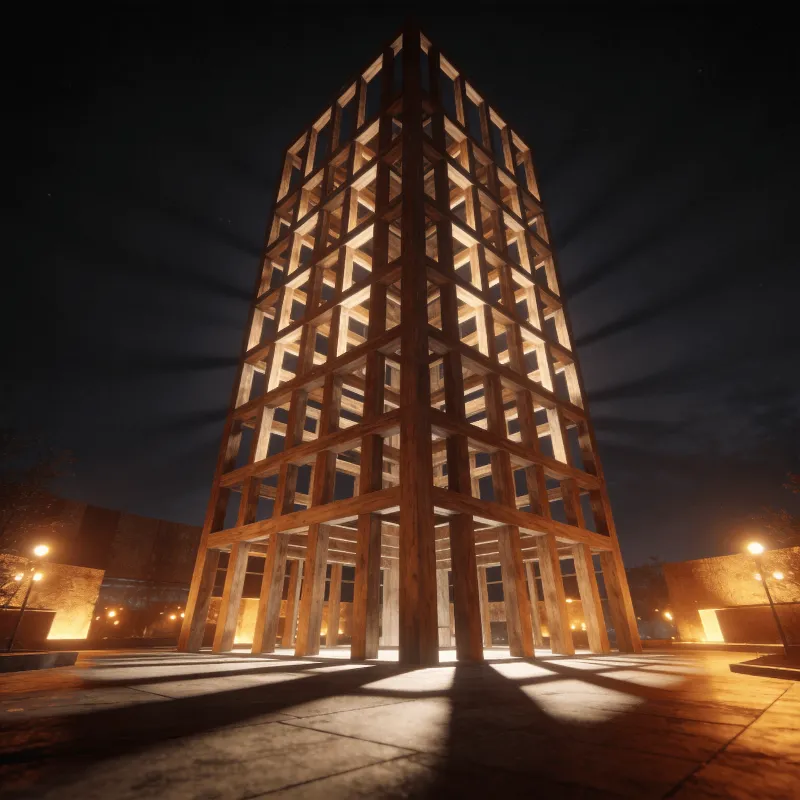 Tower with Wooden Lattice — Night With Warm Lights