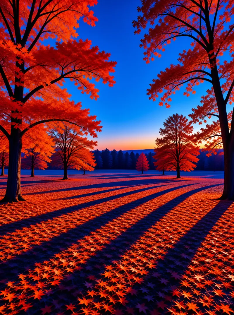 Symmetric red maple trees frame a field carpeted with autumn leaves under a gradient sky at twilight
