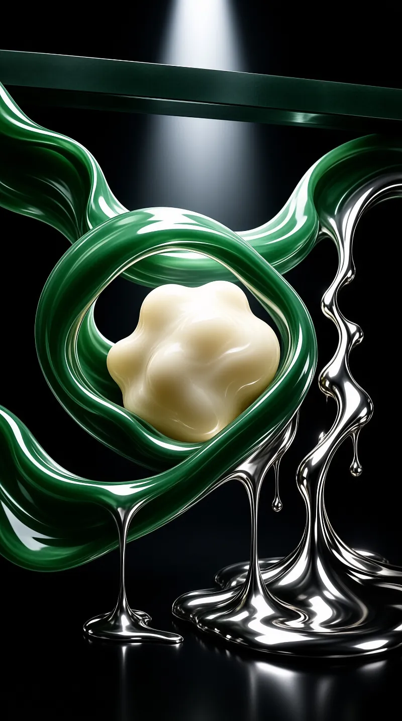 A glossy emerald ribbon twisted into a knot around a soft cream shape, with liquid chrome dripping on black