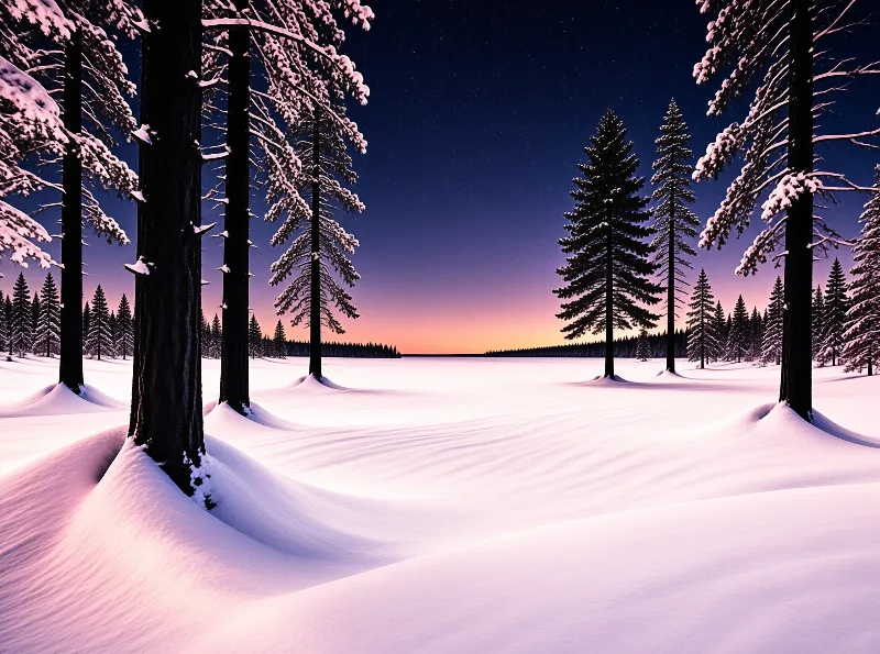 Deep snow blankets conifer trees as the sky shifts from warm orange near the horizon to deep starlit indigo above.