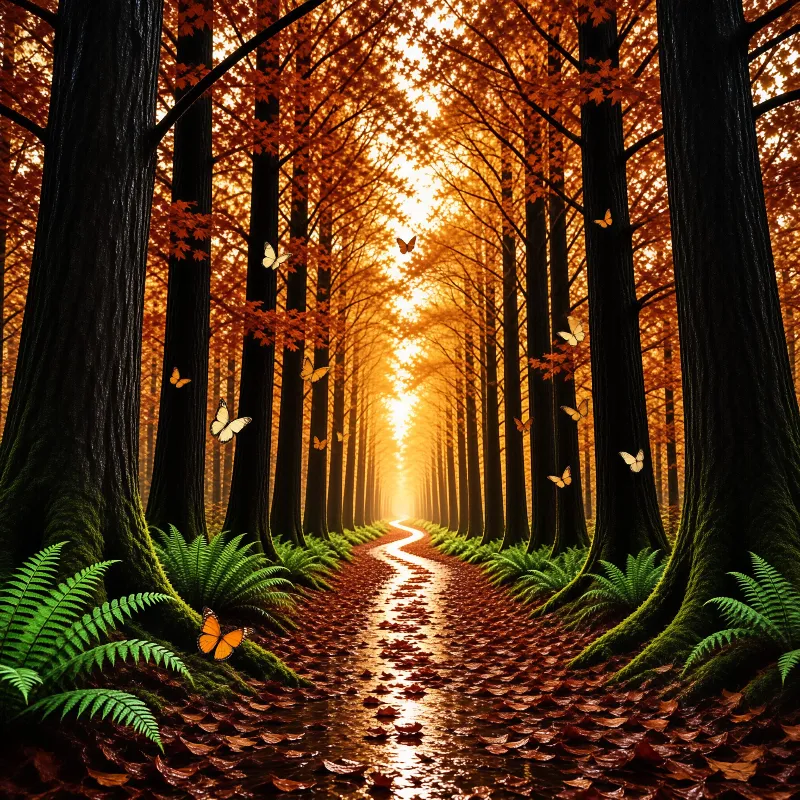 A winding trail through tall dark trees with orange foliage leads toward a bright golden glow.