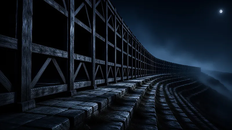 A long wooden truss bridge curves under a moonlit sky with fog obscuring the distant horizon.