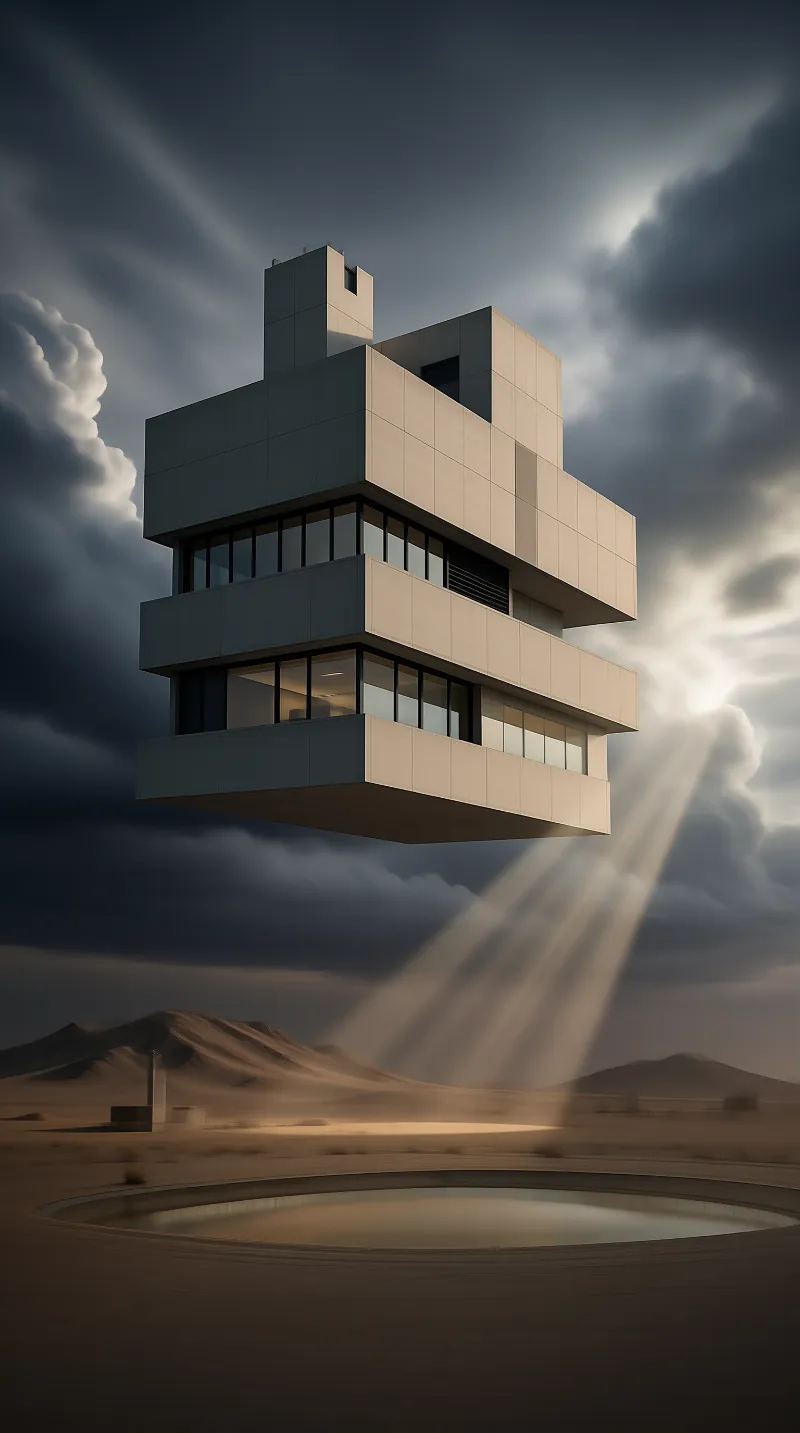 Suspended Modernist Pavilion in Desert Storm