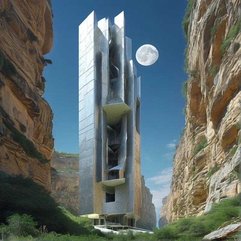 A futuristic silver building stands tall within a rocky gorge under a blue sky with a large moon.
