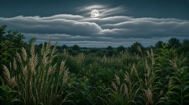 Moonlit Field with Tall Grasses
