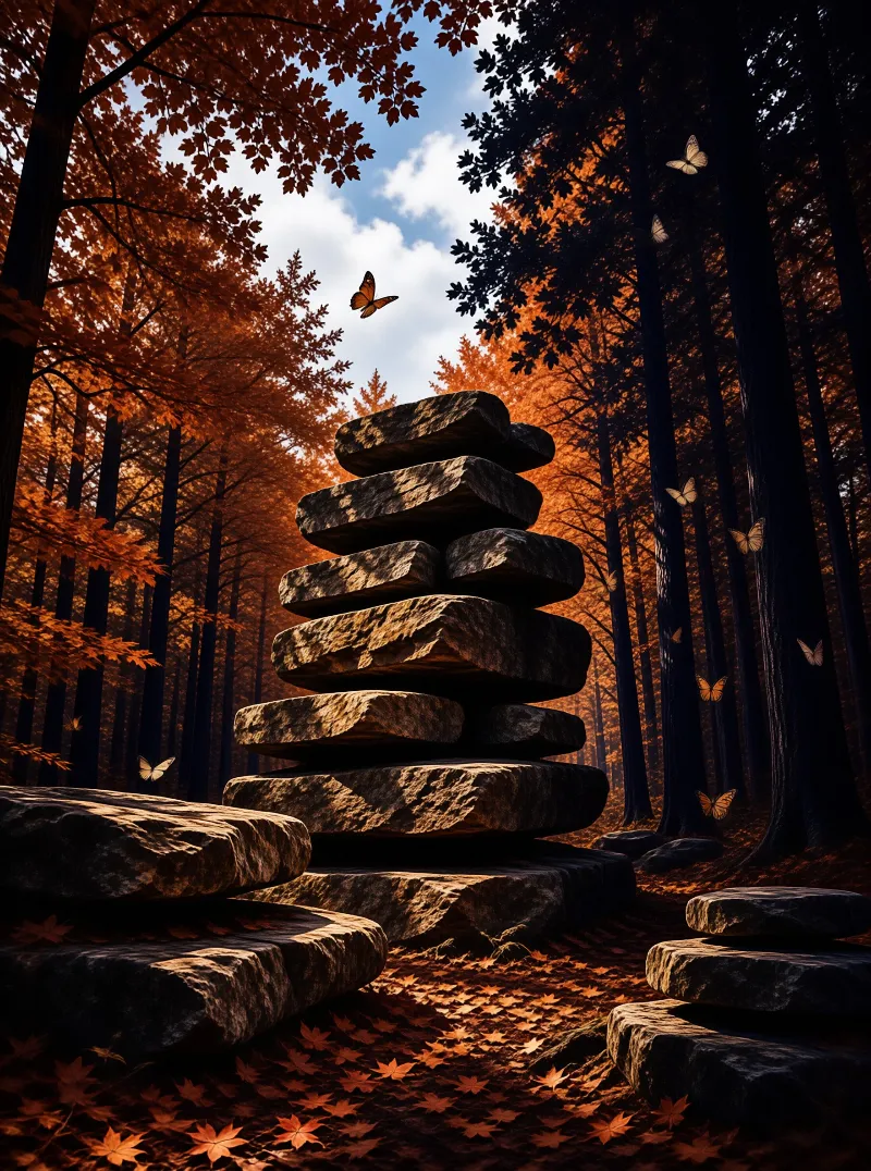 A tall stack of smooth boulders rises through an orange maple woodland where butterflies drift in sunlight.