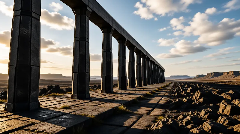 A long row of dark stone pillars supporting a beam stretches across a rocky desert under a bright sky.