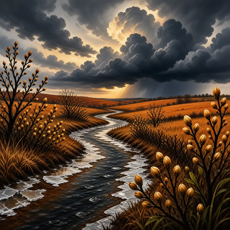 A winding brook cuts across golden grassland as dark rain clouds gather on the horizon lit by a shaft of pale sun.