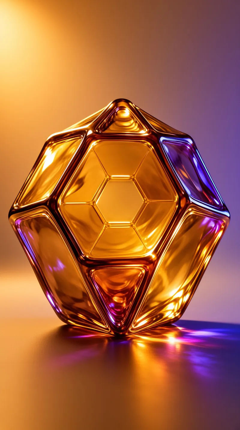 A faceted golden crystal with a honeycomb design rests on a surface reflecting warm orange and cool purple lighting.