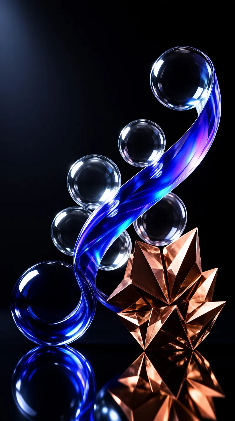 Transparent glass bubbles hover near a twisted blue ribbon and a faceted copper shape on a reflective surface.