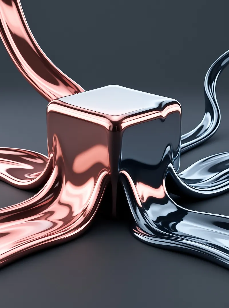 A glossy rose gold and silver metallic block releases undulating streams across a smooth gray surface.