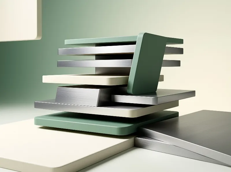 Stacked rectangular panels in green cream and metal feature a vertical piece in soft light.