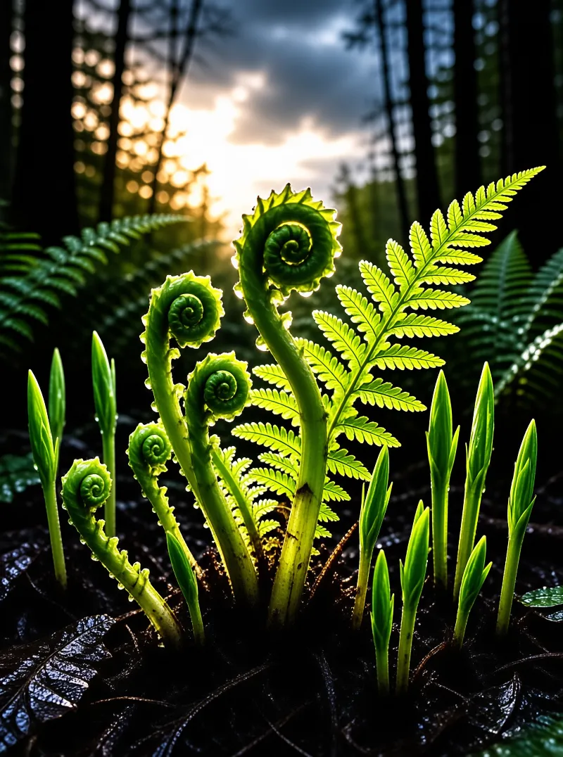 Several young ferns with spiral fiddleheads and mature bright green leaves rise from dark wet ground while golden sunlight streams from behind them to create a glowing rim light against the blurred dark trees of the background