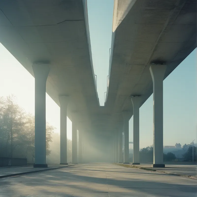Massive concrete pillars support an elevated highway deck under soft diffused light with hazy trees in the background.