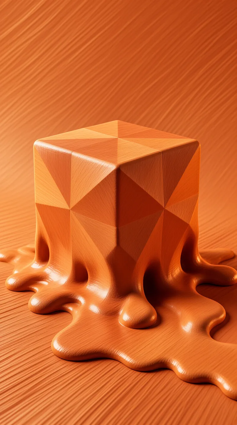 A faceted amber cube slumps at its base into a shiny pool that spreads across a warm textured floor.