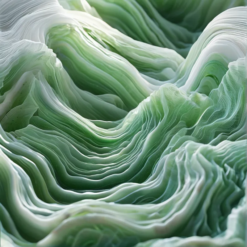 Close up of rippled napa cabbage leaves showing white veins and pale green folds in soft natural light