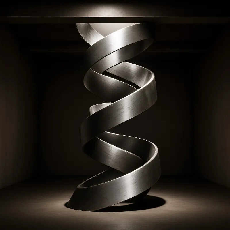 A twisted metal ribbon forms a vertical spiral inside a dark wooden cabinet illuminated by overhead light.