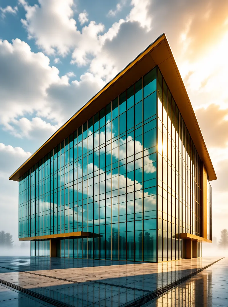 A modern glass hall mirrors the cloudy sky across teal panes framed by slender golden mullions.