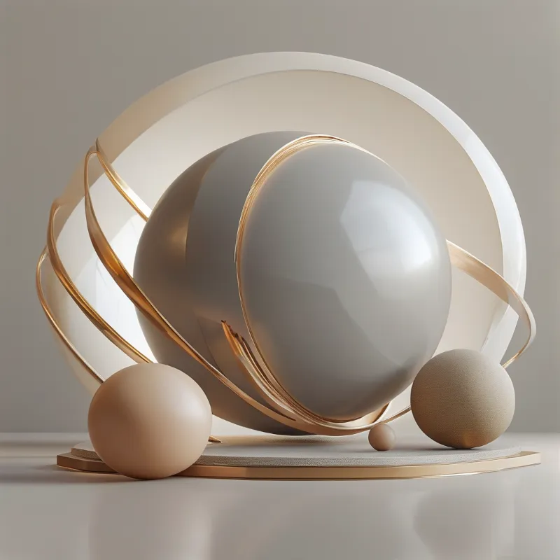 Glossy grey spheres, matte beige balls and gold arcs rest before a pale disc on a neutral studio surface with soft light.