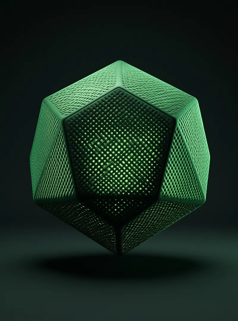 A green faceted geometric shape with a woven texture hovers above a dark surface with soft lighting.