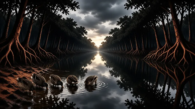 A line of five ducks traverses a calm river flanked by dark trees with intricate roots under a dramatic sky.