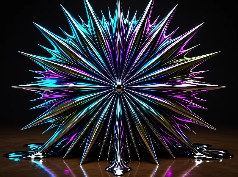 A radial sculpture of pointed chrome spikes shimmers with cyan, magenta, and gold reflections on a dark wooden floor.