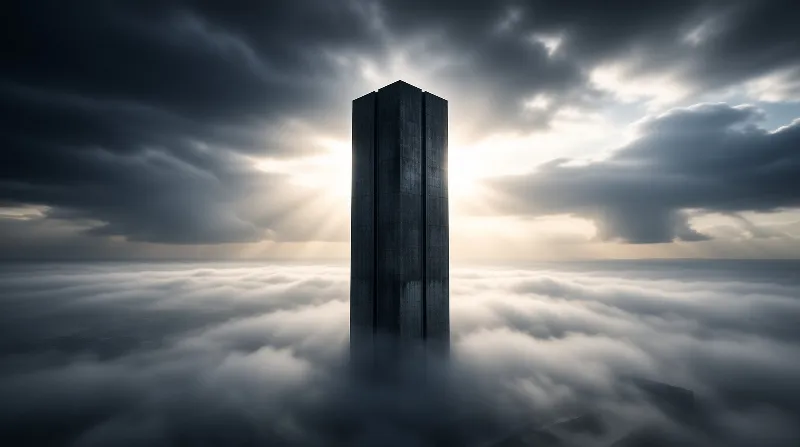A towering dark structure rises from a dense sea of clouds as bright sunbeams pierce the heavy storm clouds above.
