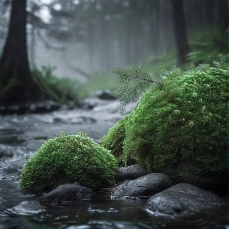 Vibrant green moss blankets smooth dark stones within a misty forest stream, surrounded by rain and blurred trees.
