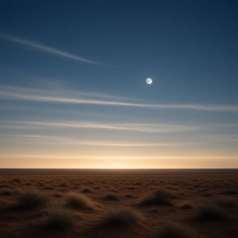 A full moon hangs high in a deep blue sky above a vast plain of dry grass beneath an orange glowing horizon.