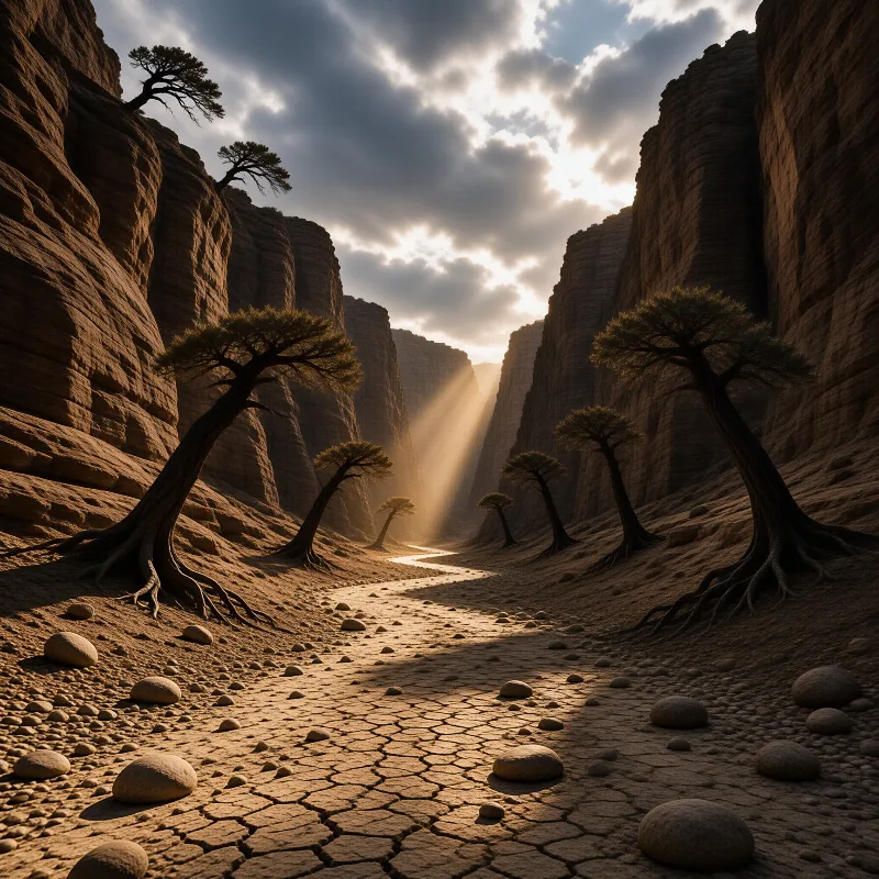 Tall trees line a cracked dry riverbed inside a deep canyon as bright sunbeams shine down through the opening above.