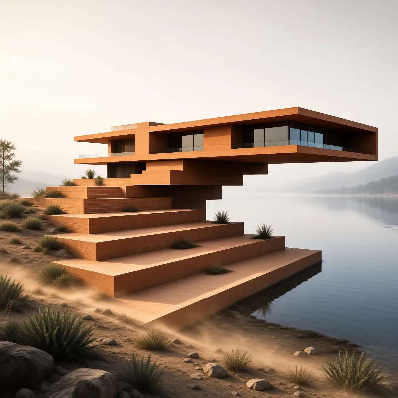Stepped terracotta house juts over a calm desert lake shore, warm dawn light illuminates the structure and dry sandy ground.
