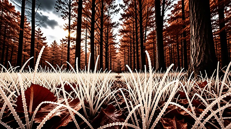 White frost coats the foreground grass while tall dark trunks rise toward a bright cloudy sky.
