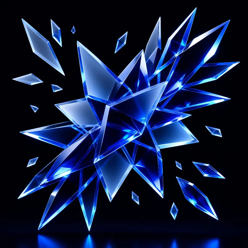 Indigo glass shards burst from a geometric center against a dark void, casting sharp reflective highlights.