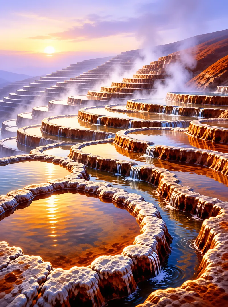 Amber glowing geothermal stepped pools wind down a hillside at sunrise with soft white steam rising from their warm surface