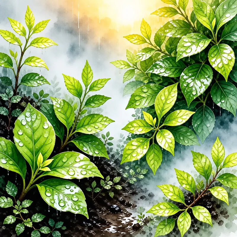 Vibrant plant leaves with heavy water droplets stand out against a soft misty background with warm light.