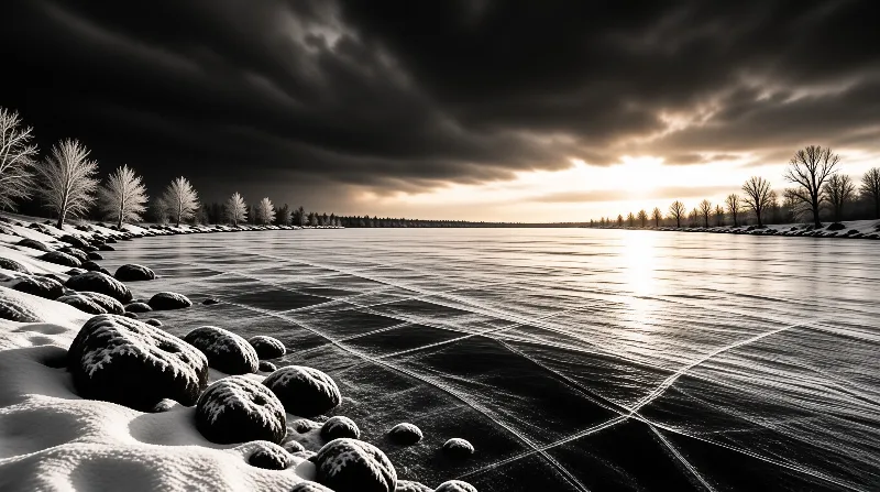 A wide view of a frozen lake displaying geometric ice cracks as bright sunlight breaks through dark clouds over rocky shore.