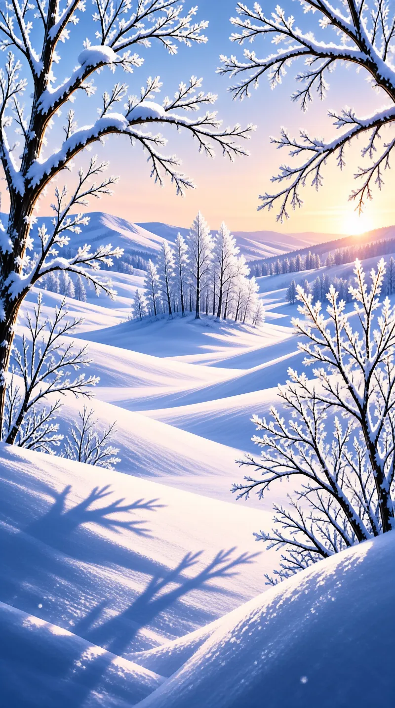 Frosty branches frame rolling snow hills and distant trees under a soft glowing horizon with long shadows.