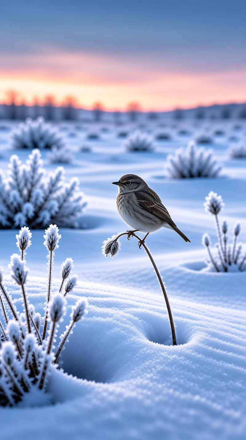 A small streaked sparrow balances on a bent seed stem rising from blue snow as frosted shrubs dot a pastel sunset field.