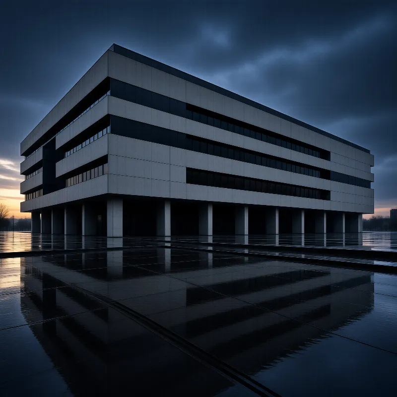 A long white rectangular building raised on columns mirrors itself in the wet plaza under a stormy dusk.