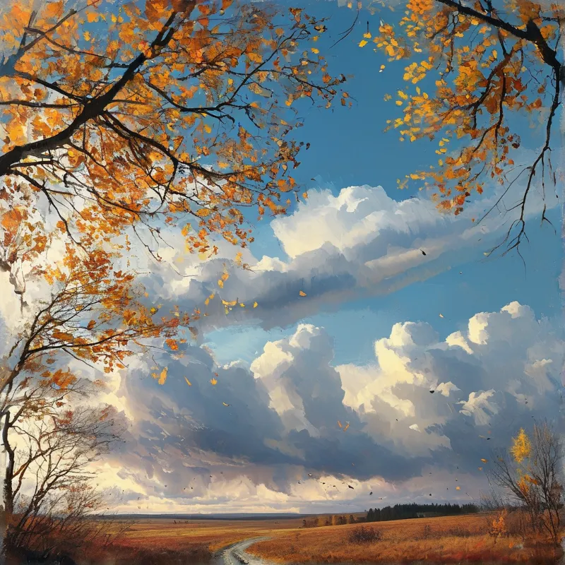 Autumn trees frame a dirt path through a grassy field beneath large white clouds in a blue sky.