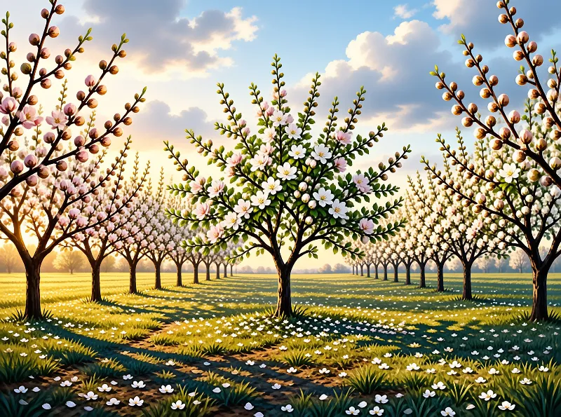 Rows of flowering fruit trees stand in a green field covered with fallen petals during a warm sunset.