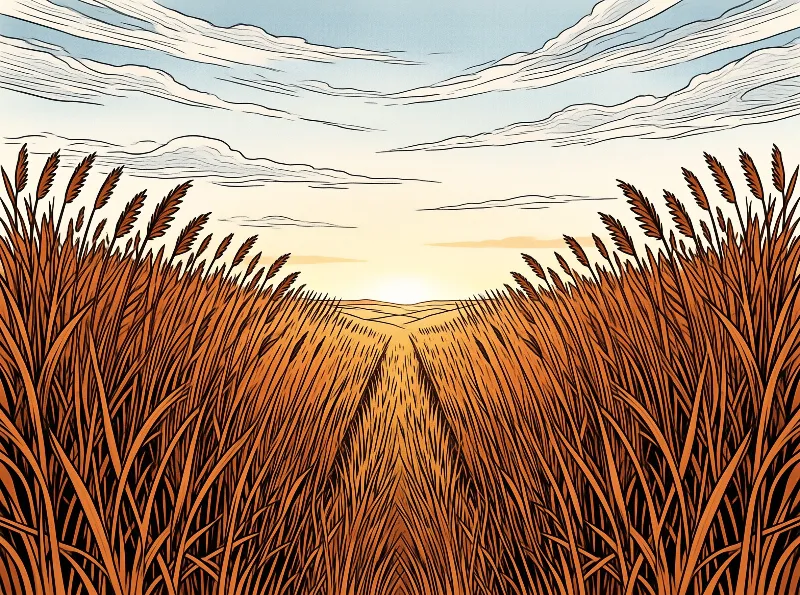 Tall golden wheat stalks flank a dirt path that leads toward a glowing sun on the horizon in this stylized illustration.