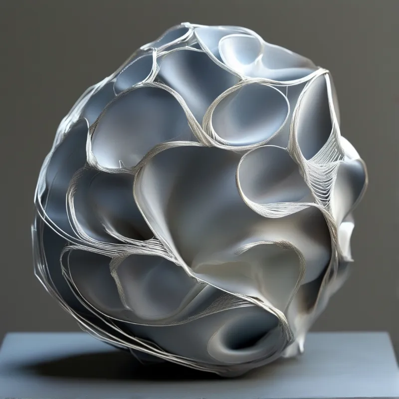 A silvery metal sphere with curved wire edges rests on a gray plinth lit by soft light against a plain dark gray backdrop.