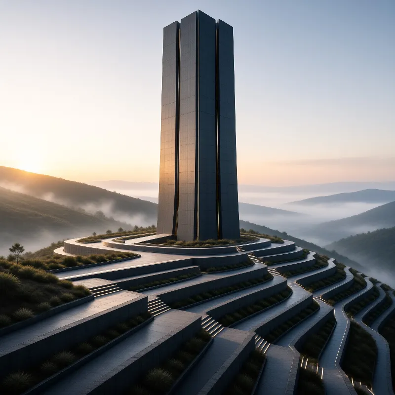 A tall dark vertical structure stands atop winding stone steps rising through foggy hills under soft morning light.